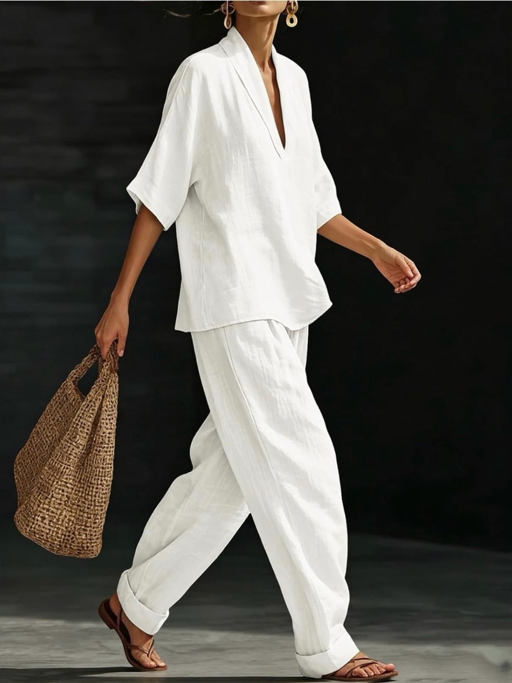 Relaxed White Linen 100% CottonTwo-Piece Set - Picture 2 of 6
